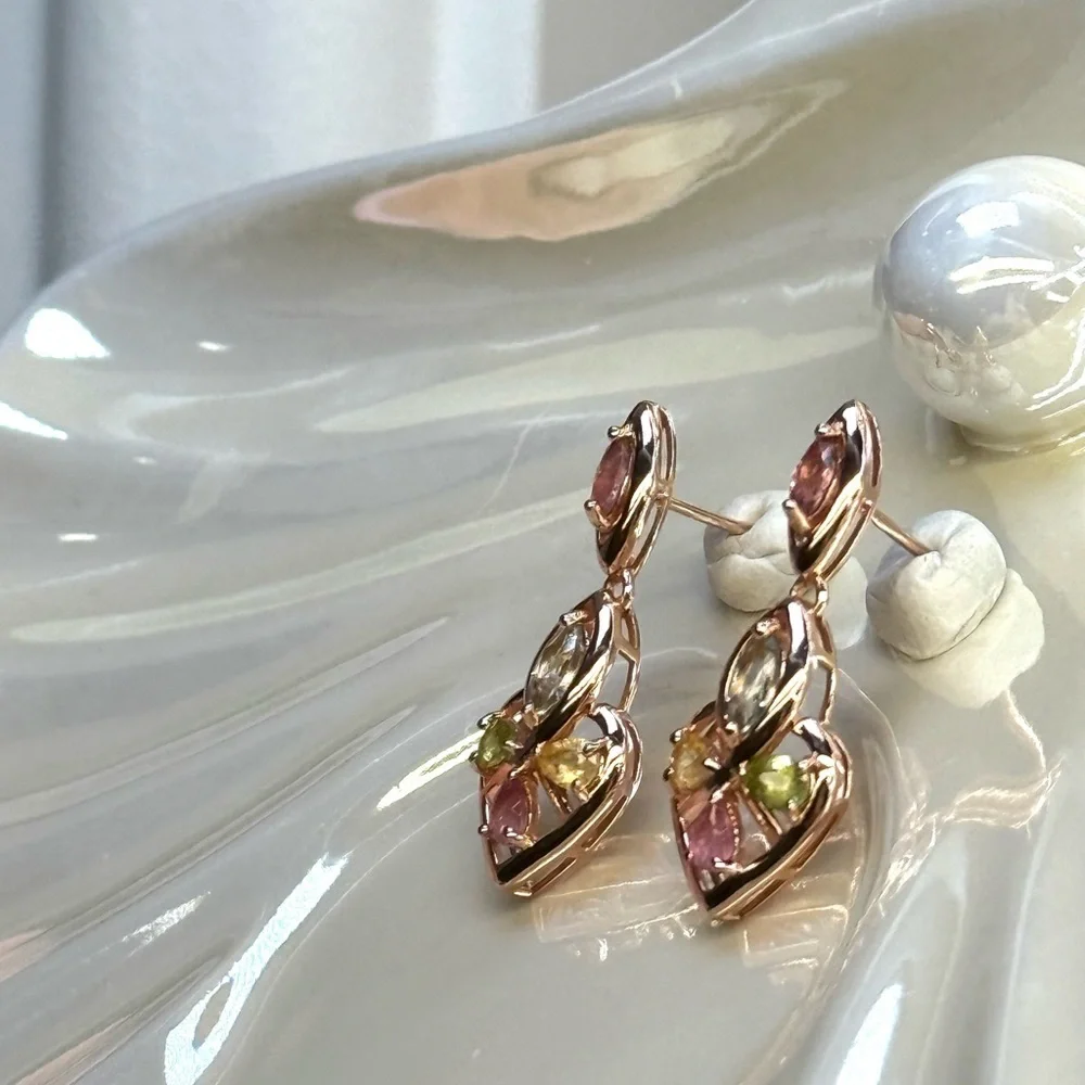 ETR2 2CT Natural Rainbow Tourmaline ART DECO HEART Earrings 18K Rose Gold S925